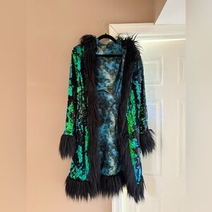 Club Exx Sequin Coat with Faux Fur Trim